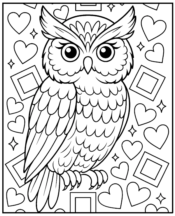 Owl and hearts - relaxing coloring page for adults
