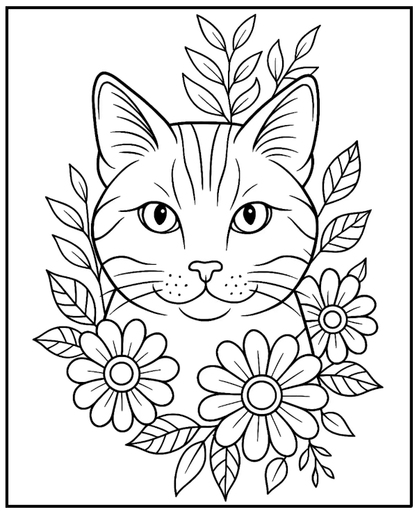 Cat and flowers - relaxing coloring page for adults