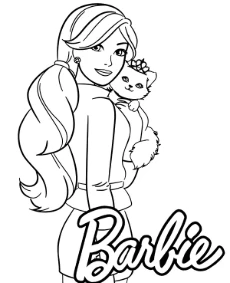 Barbie with her cat on coloring page for girls