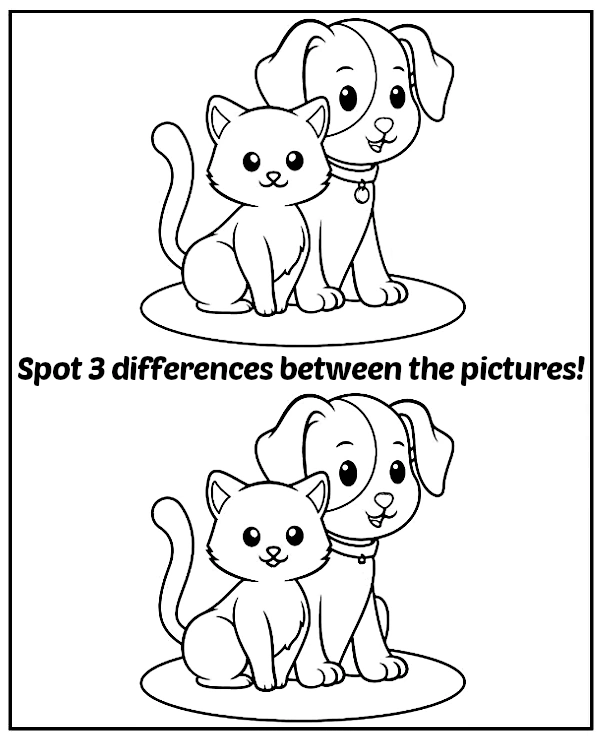 Dog and cat - spot 3 differences puzzle for kids