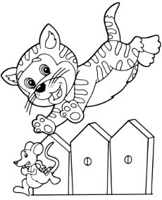Cat chasing a mouse coloring page