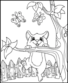 Kitten climbing a tree coloring page to print