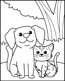 Coloring page of a cat and a dog