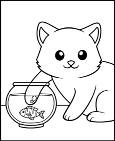 Cat & a fish bowl coloring page
