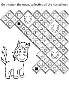 Printable horse maze coloring worksheet for children