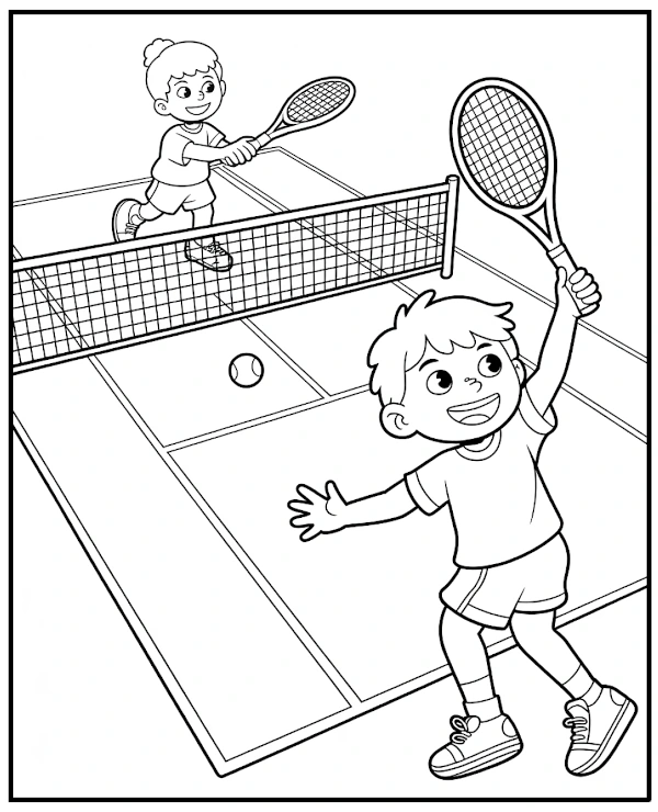 Children playing tennis coloring sheet printable