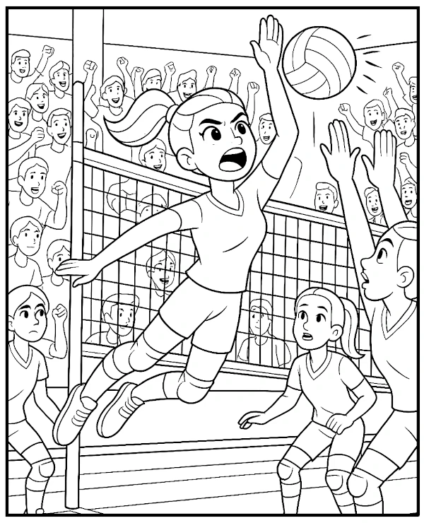 Volleyball girl attack coloring page for children