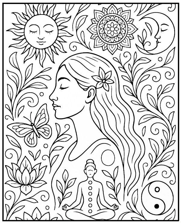 Yoga style relaxing coloring page for adults