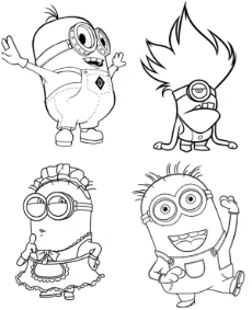 4 Minions on one picture coloring page