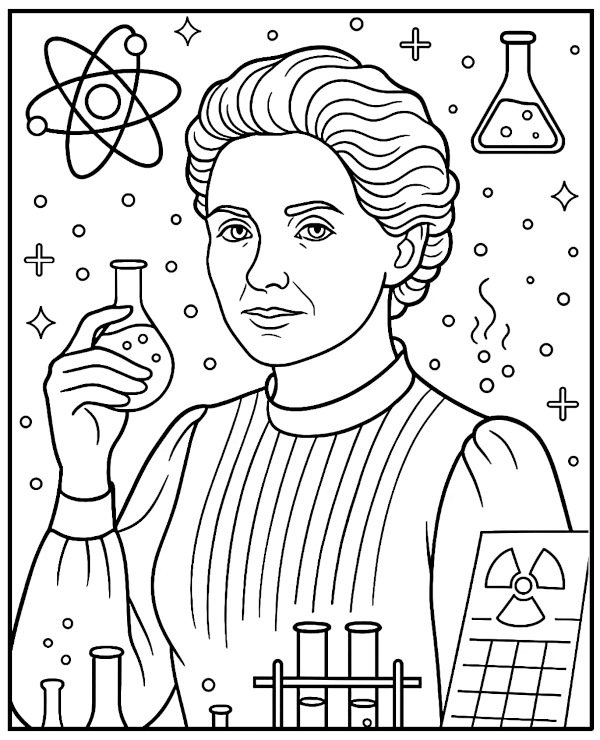Maria Curie Skłodowska relaxing coloring page for adults