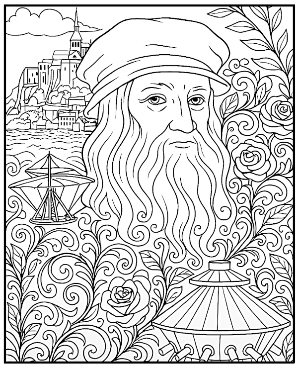 Leonardo da Vinci relaxing coloring page for adults