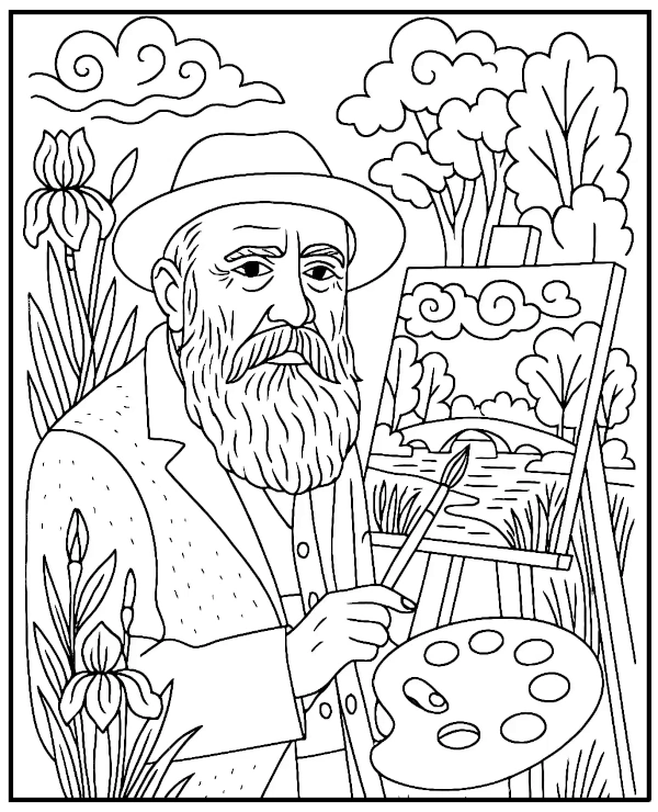 Painter Claude Monet antistress coloring page for adults