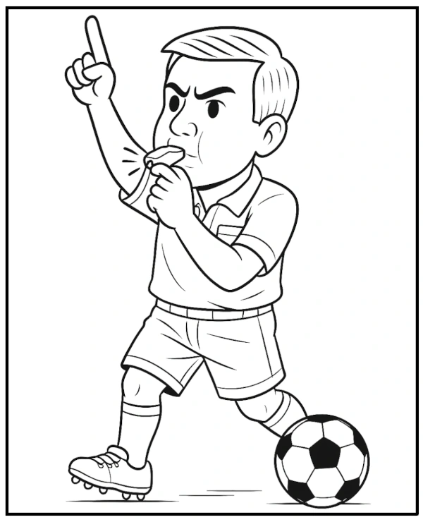 Soccer/football referee blowing his whistle coloring page