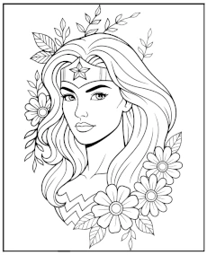 Wonder Woman and flowers coloring page relaxing
