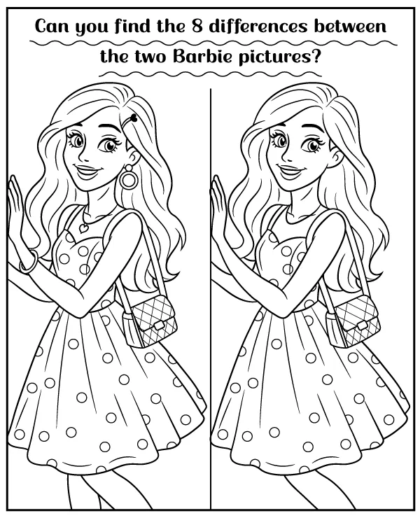 Find 8 differences between Barbie pictures - puzzles for kids