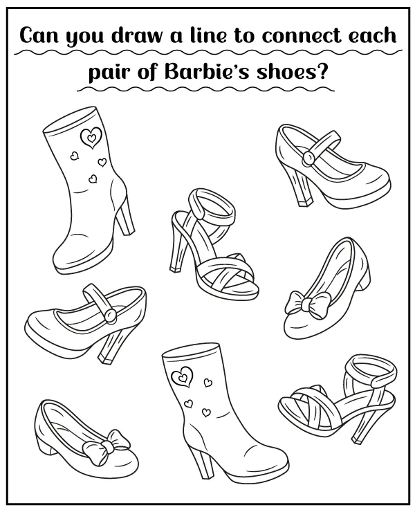 Connect each pair of Barbie shoes - puzzle for kids