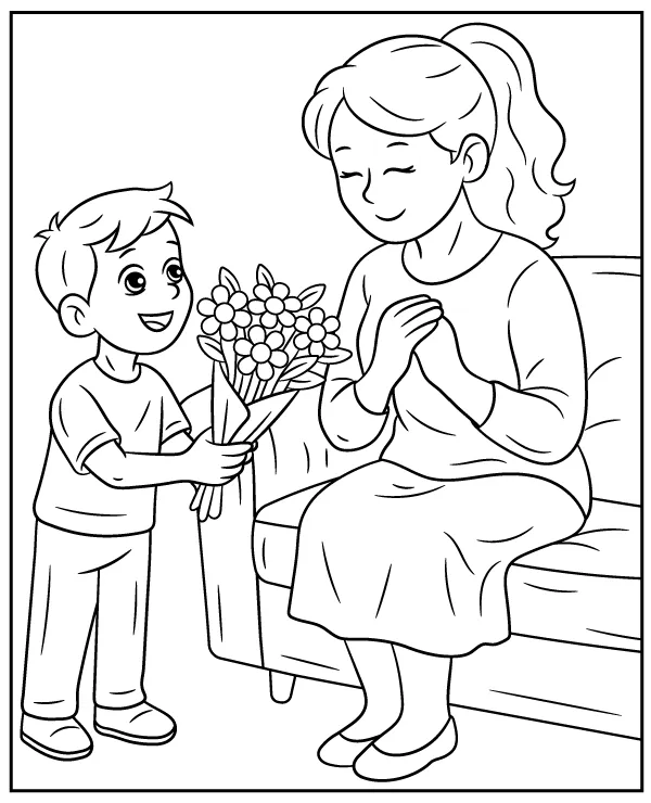 Boy giving flowers to mom coloring page for Mother's Day