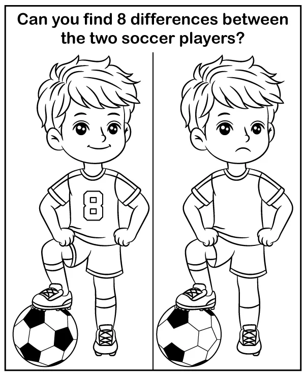 Spot 8 differences between soccer players - puzzles for kids