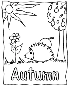 Printable autumn coloring page - a hedgehog carrying an apple