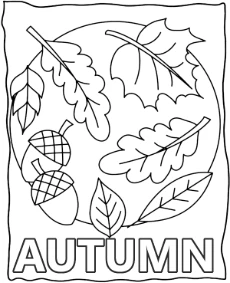 Printable autumn coloring page with acrons and leaves