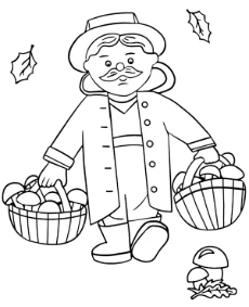 Fall coloring page of a mushroom picker with baskets full of mushrooms
