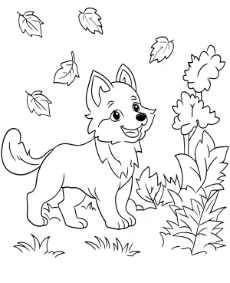 Fall coloring page of a little wolf and falling leaves