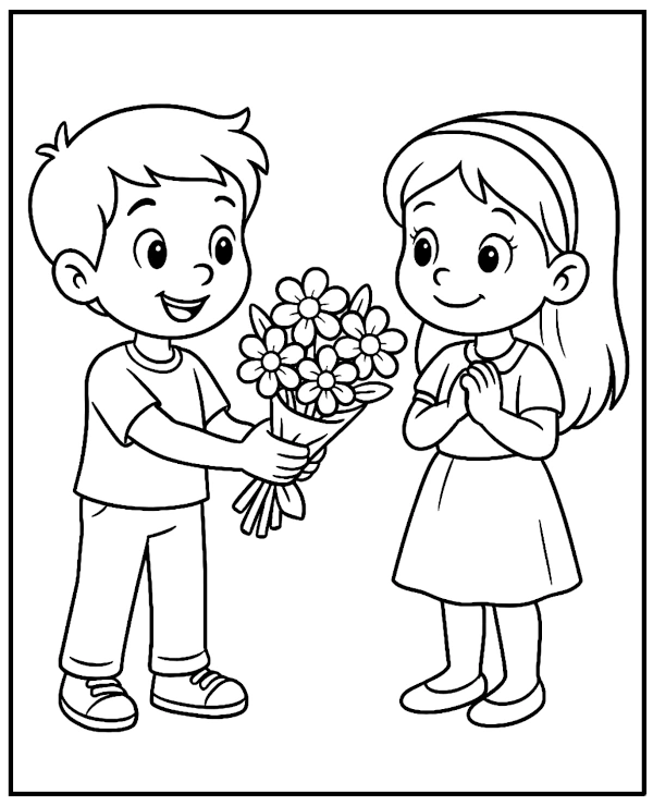 Boy giving flowers to girl coloring page