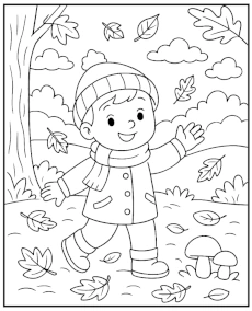 Boy in the fall forest coloring page