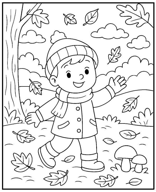 Boy in the Autumn forest coloring page 
