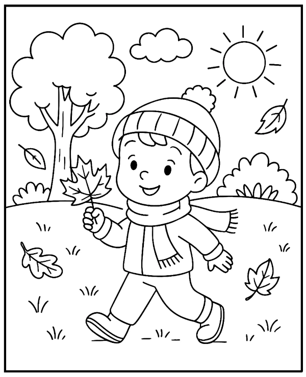 Boy and Falling Autumn Leaves Coloring Page