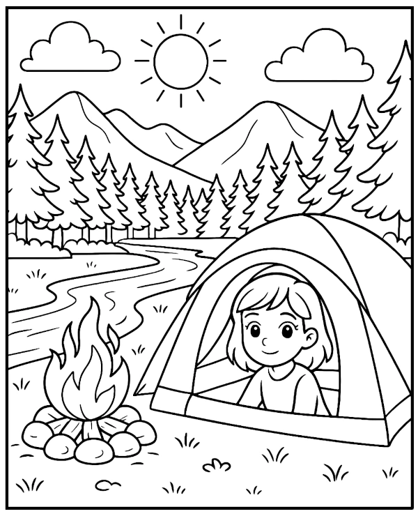 Tent and campfire by the river coloring page camping