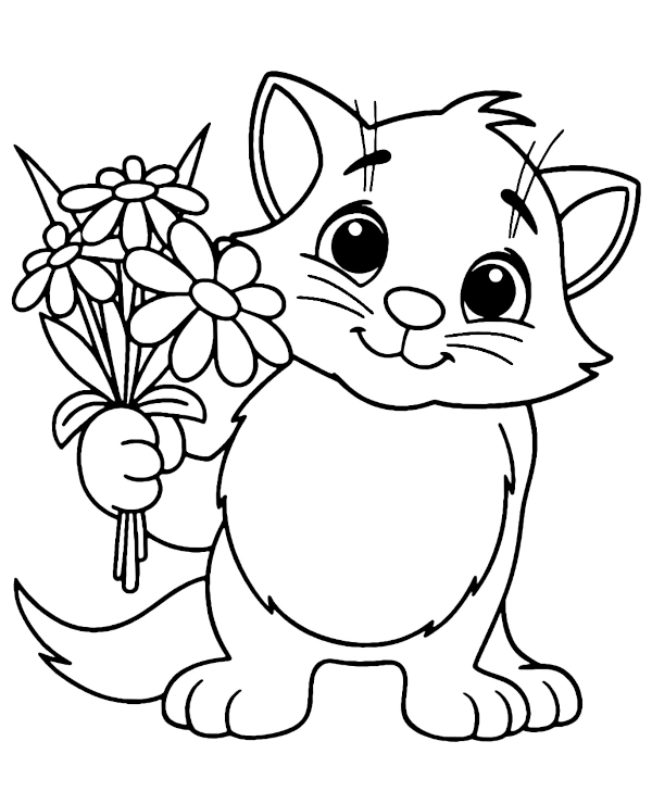 A cat holding a bouquet of flowers coloring page
