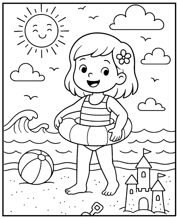 Girl on the beach coloring page