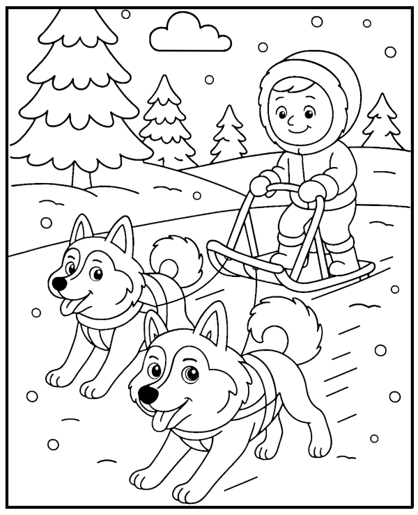 Two dogs pulling a sled coloring page winter.