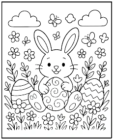 Easter bunny and eggs - easy coloring page for children