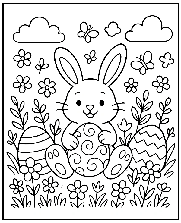Easter bunny and decorated eggs - simple coloring page for children