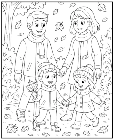 Family walk among falling leaves coloring page for fall
