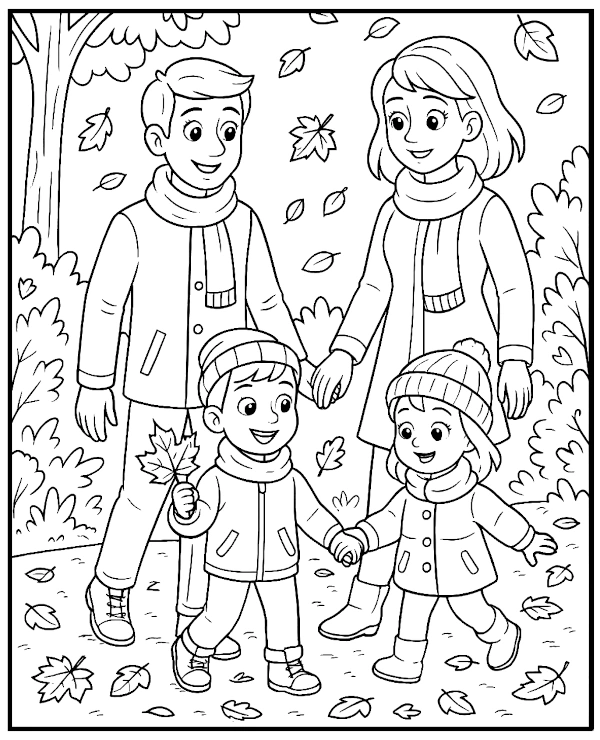 Family in the park coloring page for fall