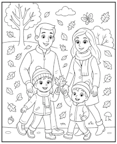 Autumn family stroll coloring page printable