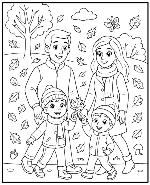 Autumn family walk in the forest coloring page