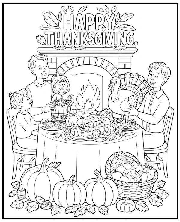 Happy Thanksgiving coloring page family & food