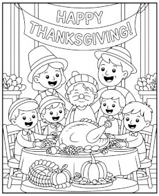 Happy Thanksgiving family meal coloring page