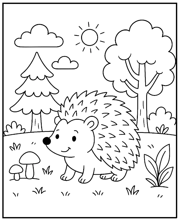 Hedgehog in the forest coloring page fall