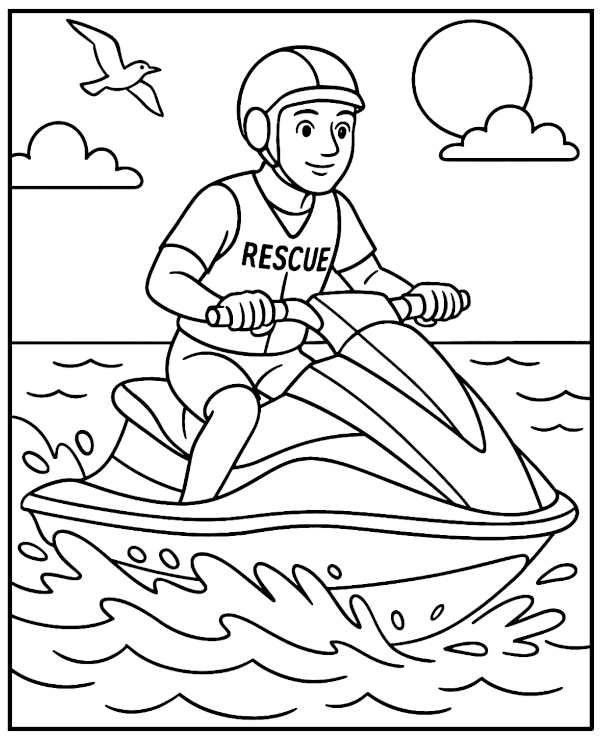 Lifeguard on a jet ski coloring page for kids