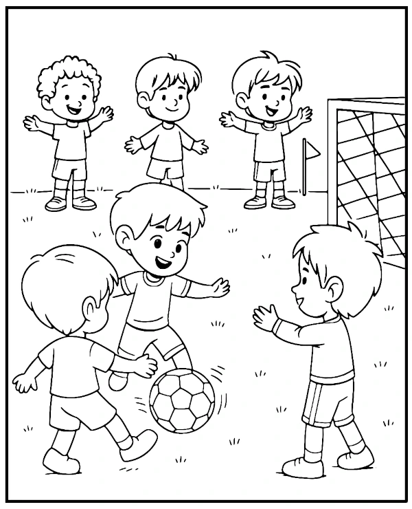 Kids playing football match coloring pages soccer