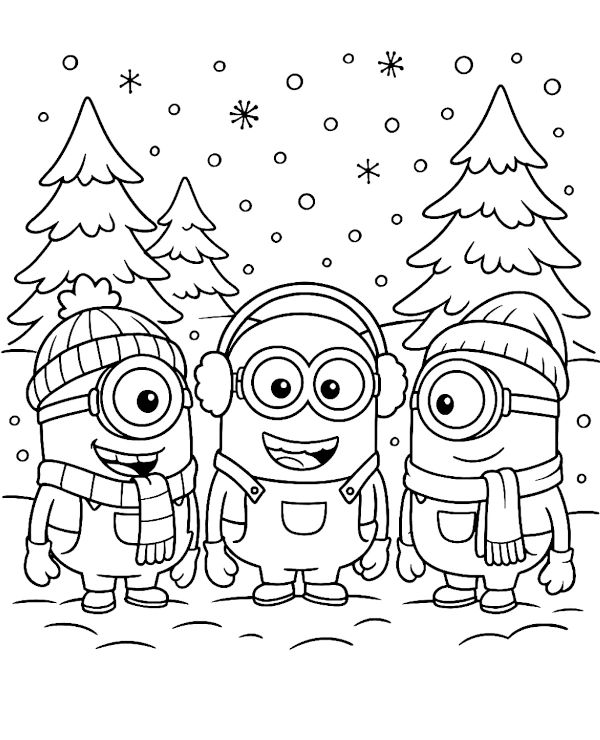 Minions in a winter scenery coloring page