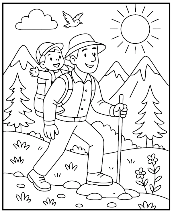 Hiking in the mountains coloring page for children