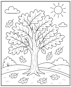 Leaves falling from the oak tree coloring page for children