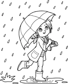Girl walking in the rainy day coloring page