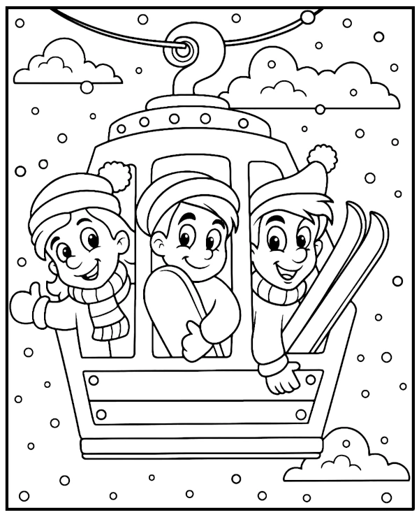Ropeway ride in winter -coloring page for kids
